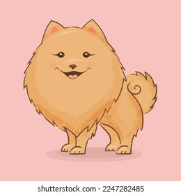 Vector of the Pomeranian Pomeranian dog. It stands on four paws on a pink background . Smiles happily with her mouth open. Cartoon-style illustration.