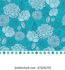 Vector pompom border trim on blue flowers seamless repeat pattern design background print. Perfect for clothing, fabric, home decor, wrapping projects.
