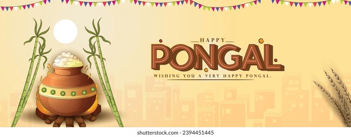vector Pongal Celebration illustration of Pongali Rice In Mud Pot with creative background.