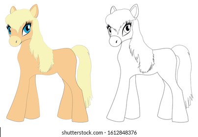 Vector pony - coloring and colorful. Cartoon pony. Children toy and cartoon character. Flat ilustration