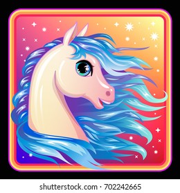 Vector pony face game app icon. Cute cartoon character girlish print, child animal, game button. Children background