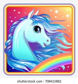 Vector pony face game app icon. Cute cartoon character girlish print, child animal, game button