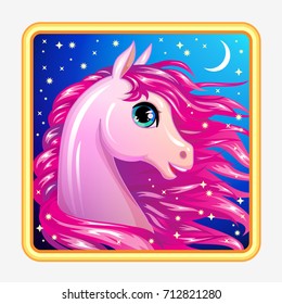 Vector pony face game app icon. Cute cartoon character girlish print, child animal, game button. Children background
