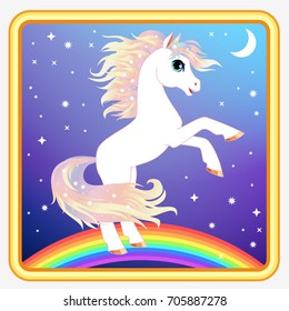 Icono de App de juego de pony Vector. Lindo personaje de dibujos animados girlish print, animal infantil, Botón del juego. Pony blanco con el pelo del arco iris