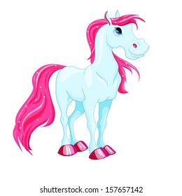  Vector pony. Little fantasy blue horse with pink hair. Cute character. Child illustration Isolated. Print for t-shirts and bags