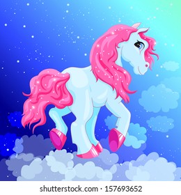  Vector pony. Little fantasy blue horse with pink hair in the sky. Cute character. Child illustration