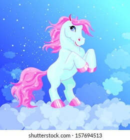  Vector pony. Little fantasy blue horse with pink hair in the clouds. Cute character. Child illustration. Print for t-shirts and bags