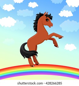  Vector pony. Little fantasy brown horse with black hair on a rainbow. Cute character. Child illustration. Print for t-shirts and bags
