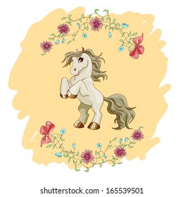  Vector pony. Little fantasy  horse with flowers. Cute character. Child illustration. Print for t-shirts and bags