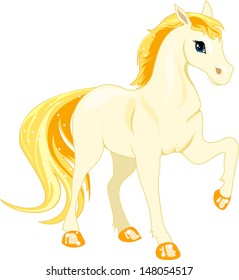  Vector pony. Little fantasy white horse with gold hair. Cute character. Child illustration Isolated. Print for t-shirts and bags