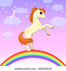  Vector pony. Little fantasy white horse with gold hair on a rainbow. Cute character. Child illustration. Print for t-shirts and bags