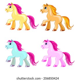  Vector pony set. Little fantasy colored horses. Cute character collection. Child illustration isolated. Print for t-shirts and bags