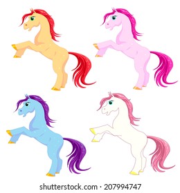  Vector pony set. Little fantasy colored horses. Cute character collection. Child illustration isolated. Print for t-shirts and bags