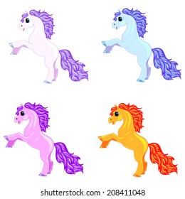  Vector pony set. Little fantasy colored horses. Cute character collection. Child illustration isolated. Print for t-shirts and bags