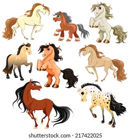  Vector pony set. Little fantasy colored horses. Cute character collection. Child illustration isolated. Print for t-shirts and bags