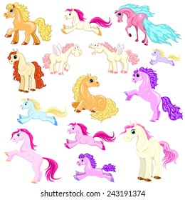  Vector pony set. Little fantasy colored horses. Cute character collection. Child illustration isolated. Print for t-shirts and bags