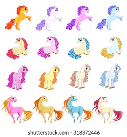  Vector pony set. Little fantasy colored horses. Cute character collection. Child illustration isolated. Print for t-shirts and bags