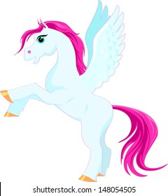  Vector pony with wings. Little fantasy blue horse with pink hair. Cute character. Child illustration Isolated. Print for t-shirts and bags