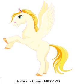  Vector pony with wings. Little fantasy white horse with gold hair. Cute character. Child illustration Isolated. Print for t-shirts and bags