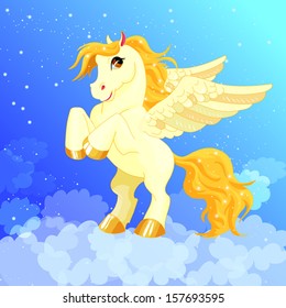  Vector pony with wings. Little fantasy white horse with gold hair. Cute character. Child illustration. Print for t-shirts and bags