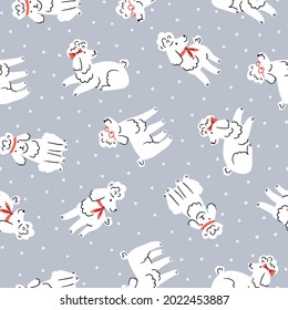 Vector poodles seamless pattern on light grey background. Polka dot pattern with white cute dogs. Hand-drawn animal seamless fabric design. 