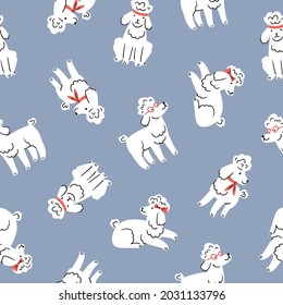 Vector poodles seamless pattern on grey background. Repeated texture with white cute dogs. Hand-drawn animal seamless fabric design. 