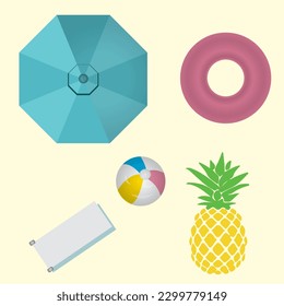 Vector Pool Accessory Set (Umbrella, Pool Donut, Beach Ball, Diving Board, and Pineapple Icon)