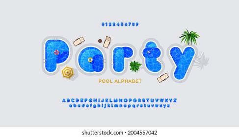 Vector Pool Alphabet And Font. Top View On A Letters Filled With Water. Latin Alphabet From A To Z And Numbers From 0 To 9. English Typeface For Summer Party And Travel.