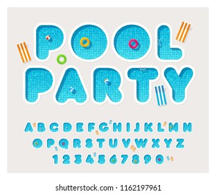 Vector Pool Font. Rounded Letters Fulled With Water. Latin Alphabet From A To Z And Numbers From 0 To 9. English Typeface.