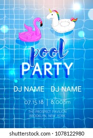 Vector pool party flyer, invitation or poster. Pool party invitation with pool top view, shiny water surface, floating flamingo and Unicorn in water. Summertime vector template illustration