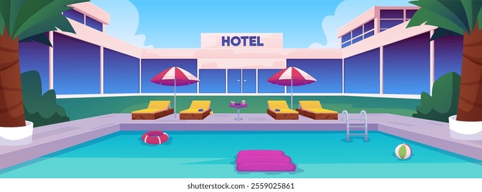 Vector pool scene with palm trees, umbrellas, sun loungers and inflatable circle, ball and mattress. The design reflects relaxation and summer enjoyment not rest