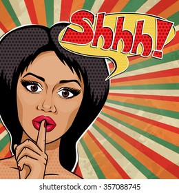 Vector Pop Art African American Woman with finger on lips for Quiet Silence, message Shhhhh! Retro afro girl in comic style.