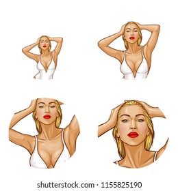 Vector pop art avatar of blonde woman in white one-piece swimming suit isolated in circle for networking. Sexy character with wet hair in underwear for internet chat, blog.