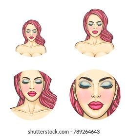 Vector pop art avatar, icon - sexy woman s face with colored dyed hair, bright makeup for chat, blog, networking. Pin up fashion model with naked breast. Beauty glamour illustration.