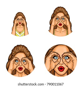 Vector pop art avatar, icon - sexy brunette woman folded her arms as if she is looking through binoculars. Sale, discount, surprise, wow pin up concept with fashion model. Illustration for chat, blog