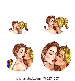 Vector pop art avatar, icons for social net user profile, woman kissing woman with rainbow hand up. Kissing girls symbol template for lesbian, gay or LGBT homosexual rights against discrimination