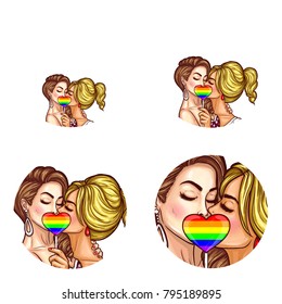 Vector pop art avatar, icons for social net user profile, women kissing and hiding kiss by rainbow heart lollipop. Kissing girls, lesbian, gay or LGBT love rights against discrimination