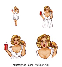 Vector pop art avatar of obese blonde woman with hamburger, drink. User icon of fat lady in chat, blog or networking social media for fast food advertising, promotion. Fatty inside the white circle