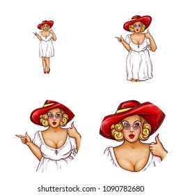 Vector pop art avatar of obese blonde woman in red hat, glasses pointing at sale, offers. User icon of fat lady in chat, blog or social networking media. Fatty inside the white circle, fashion concept