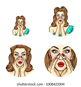 Vector pop art avatar of pin up girl holding her hands to announce discounts or sales. Great icon for invitation to parties or advertising discounts and sales.