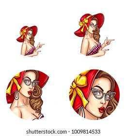 Vector pop art avatar of pin up sexy girl in a red hat with eyeglasses points to sales, discounts. Great icon for invitation to parties or advertising discounts and sales.