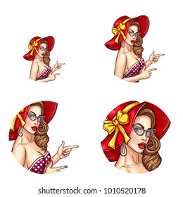 Vector pop art avatar of pin up sexy girl in a red hat with eyeglasses points to sales, discounts. Great icon for invitation to parties or advertising discounts and sales.