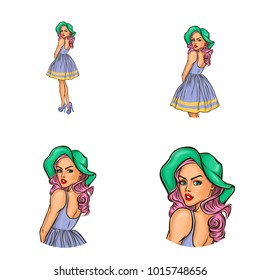 Vector pop art avatar of pin up fashion lady on high heel shoes for networking, internet, chat, blog, web. Great icon for invitation to parties, clubs or advertising discounts and sales.