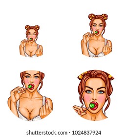 Vector pop art avatar of pin up brunette girl in white bra sucks lollipop and makes beckoning gesture with her finger, isolated on white background. Icon for chat, blog to announce sales, discounts