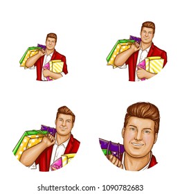 Vector pop art avatar of pretty fat man with shopping bags. Networking element with obese handsome character in suit, red jacket. Fatty dandy with package for chat, ,blog.