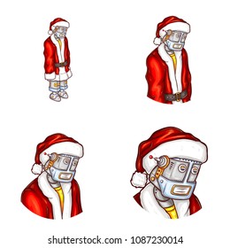 Vector pop art avatar of robot in Santa Claus costume. Android in red jacket, cap, new year concept. Element for chat, blog with metal cyborg. Artificial intelligence, christmas concept