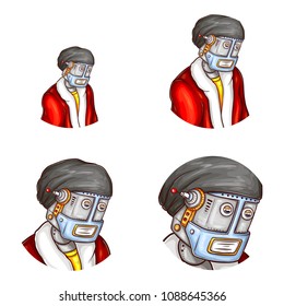 Vector pop art avatar of robot in Santa Claus costume. Android in red jacket, black cap, new year concept. Element for chat, blog with metal cyborg. Artificial intelligence, christmas, x-mas concept