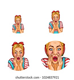 Vector pop art avatar of screaming, shouting girl with opened mouth in casual clothing, announcing sale, discounts. Icon of blonde housewife woman for chat, blog on white background