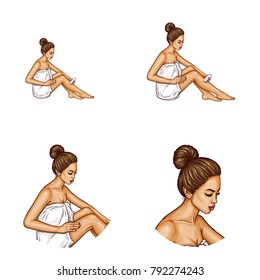Vector pop art avatar - sexy brunette woman in white towel shaves legs with electric razor, shaver. Networking icon for epilation, skin care, spa, domestic cosmetology with pin up fashion model.