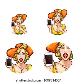 Vector pop art avatar of shocked, surprised pin up girl in hat holding smartphone to announce discounts or sales. Icon for invitation to parties, advertising discounts, sales. Networking illustration